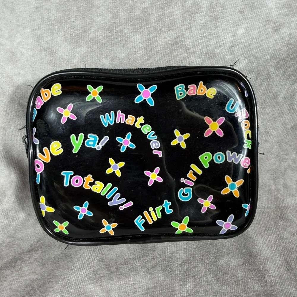Vtg 90s Y2K Black Patent Makeup Bag Pouch Girl Power Whatever Retro Rainbow EUC
